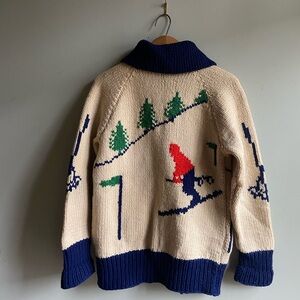 Cozy Knit Wool Cardigan with Blue and Green Accents Ski Scene